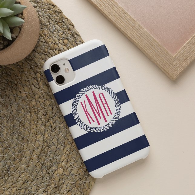 Preppy Nautical Navy & White Strip Pink Monogram Case-Mate iPhone Hülle (Von Creator hochgeladen)