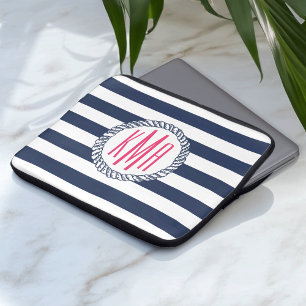 Preppy Nautical Navy & White Strip Pink Monogram Laptopschutzhülle