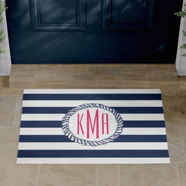 Preppy Nautical Navy & White Stripe Pink Monogram Fußmatte (Von Creator hochgeladen)