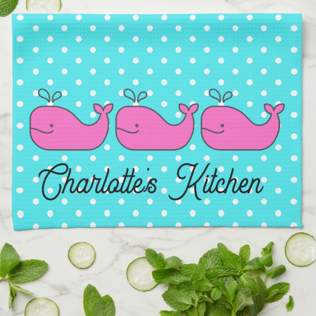 Preppy Nautical Pink and Aqua Whales Geschirrtuch (Gefaltet)