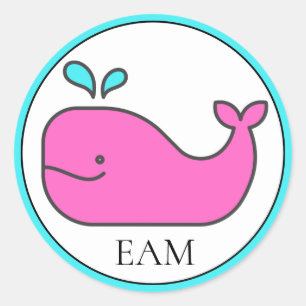 Preppy Nautical Pink und Aqua Whale Monogram Runder Aufkleber