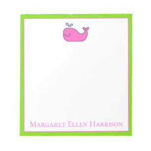 Preppy Nautical Pink und Green Whale Personalisier Notizblock