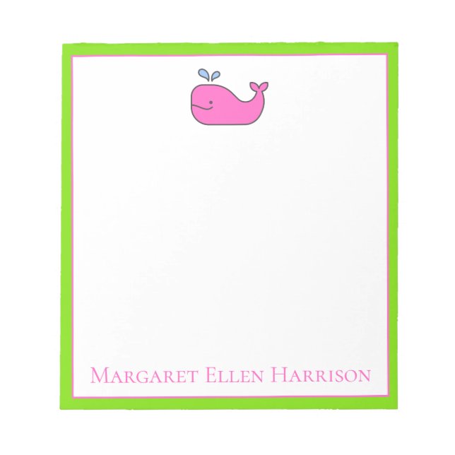 Preppy Nautical Pink und Green Whale Personalisier Notizblock (Vorderseite)