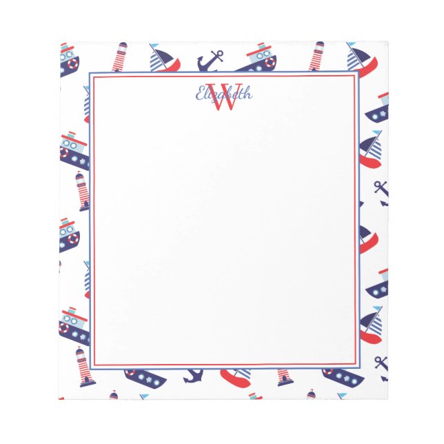 Preppy Nautical Sailboats Monogram Notizblock (Vorderseite)