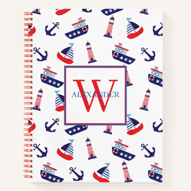 Preppy Nautical Sailboats Monogram Notizbuch (Vorderseite)