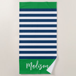 Preppy Nautical Strip Navy Green Calligraphy Strandtuch