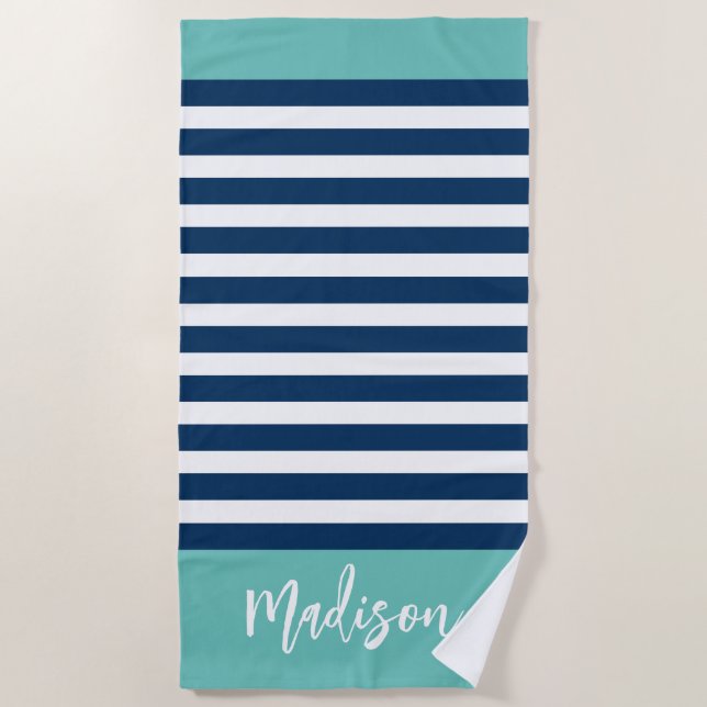 Preppy Nautical Stripe Navy Türkis Calligraphy Strandtuch (Vorderseite)