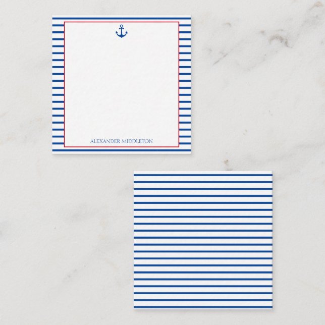 Preppy Nautical Stripes und Anker Personalisiert Mitteilungskarte (Vorne/Hinten)