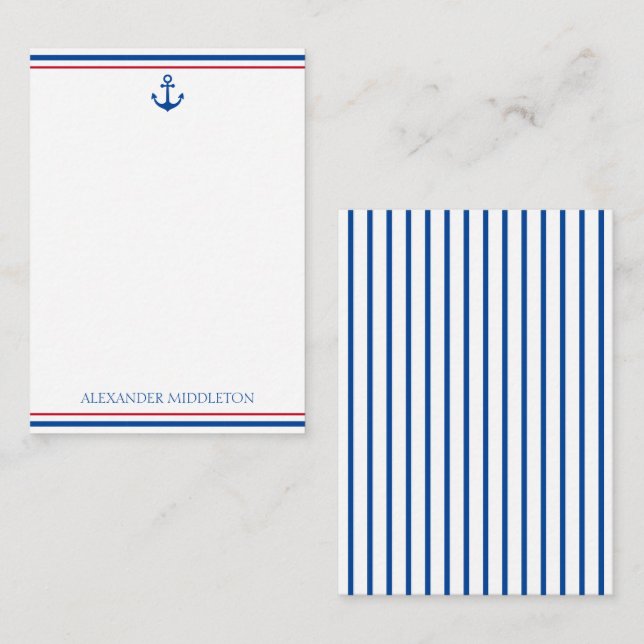 Preppy Nautical Stripes und Anker Personalisiert Mitteilungskarte (Vorne/Hinten)