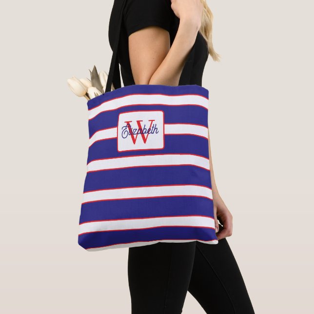 Preppy Navy Blau Rot und Weiß gestreift Monogramm (Von Nahem)