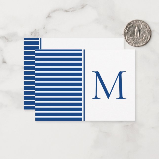 Preppy Navy Blue and White Strip Monogram Mitteilungskarte (Vorderseite/Rückseite Beispiel)