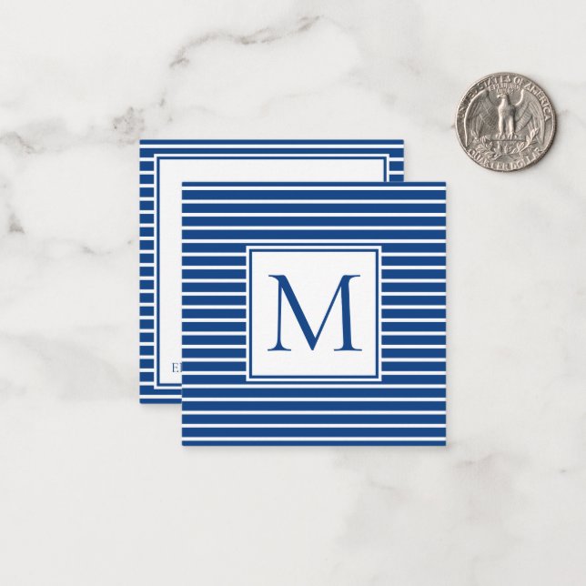 Preppy Navy Blue and White Strip Monogram Mitteilungskarte (Vorderseite/Rückseite Beispiel)