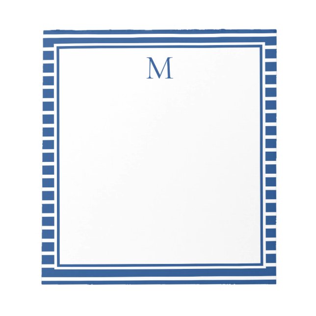 Preppy Navy Blue and White Strip Monogram Notizblock (Vorderseite)