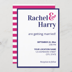 Preppy Navy Blue Border & Hot Pink Stripes Wedding Einladung