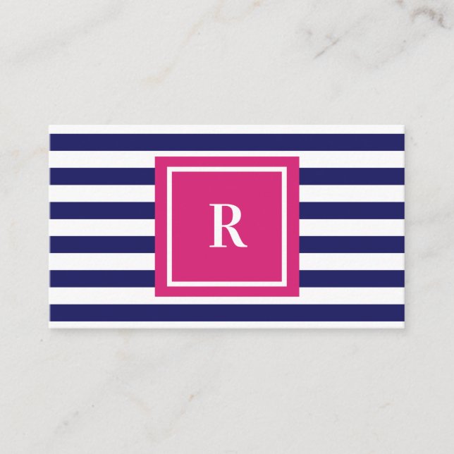 Preppy Navy Blue Strips und Hot Pink Monogramm Visitenkarte (Vorderseite)