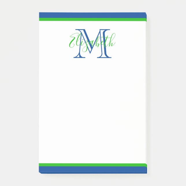 Preppy Navy Blue und Green Monogram Post-it Klebezettel (Vorderseite)
