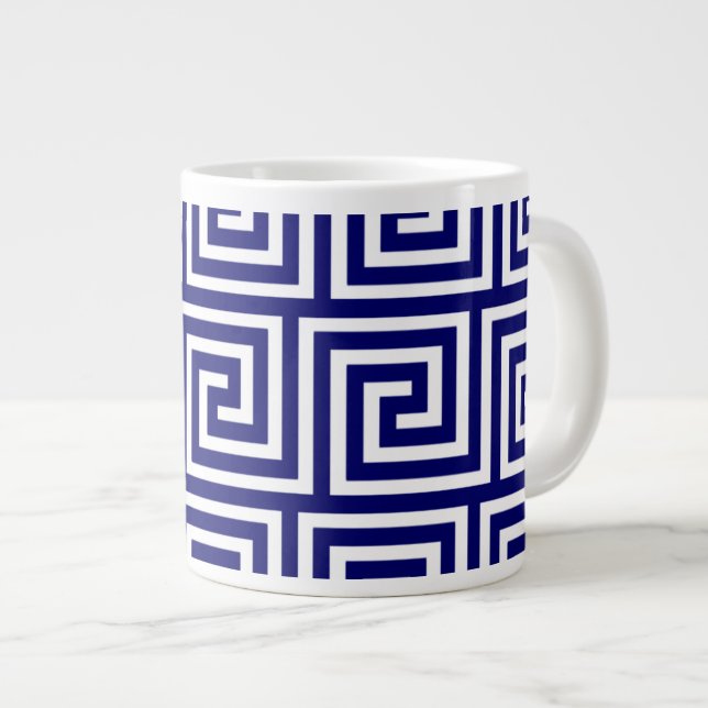 Preppy Navy Blue White Griechisches Schlüsselmuste Jumbo-Tasse (Vorderseite Rechts)