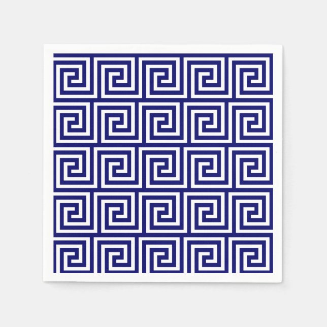 Preppy Navy Blue White Griechisches Schlüsselmuste Serviette (Vorderseite)