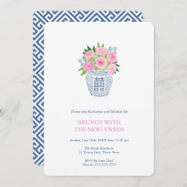 Preppy Navy Pink Roses Ginger Jar Newlyweds Brunch Einladung