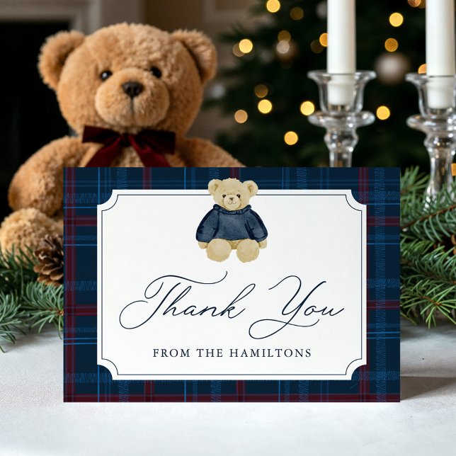 Preppy Navy Plaid Teddy Bear Baby Shower Dankeskarte (Von Creator hochgeladen)