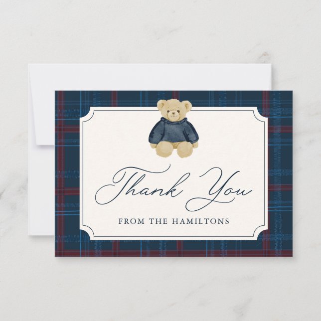 Preppy Navy Plaid Teddy Bear Baby Shower Dankeskarte (Vorderseite)