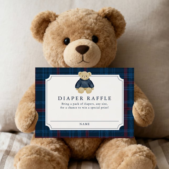 Preppy Navy Plaid Teddy Bear Diaper Raffle Begleitkarte (Von Creator hochgeladen)