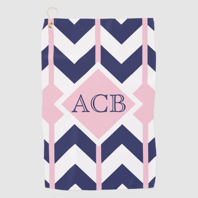 Preppy Navy und Pink Zickzack Ladys Monogram Golfhandtuch (Vorderseite)