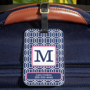 Preppy Navy White Octagon Monogram Custom Gepäckanhänger
