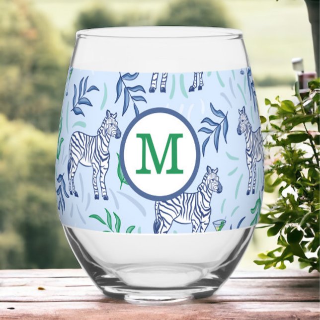 Preppy Navy Zebra Martinis Blue Monogram Weinglas Ohne Stiel (Von Creator hochgeladen)