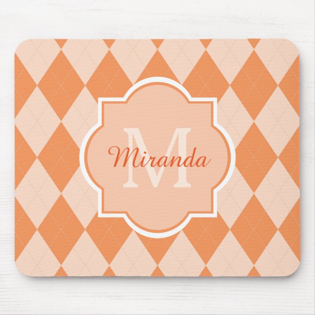 Preppy Orange Raute Girl Monogram und Name Mousepad (Vorne)