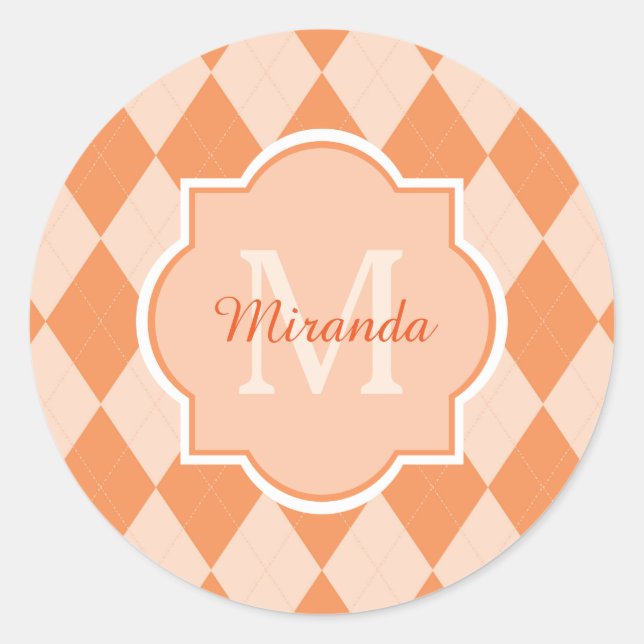 Preppy Orange Raute Girl Monogram und Name Runder Aufkleber (Vorderseite)