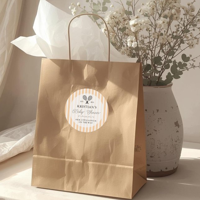 Preppy Orange Tennis Theme Chic Baby Shower Runder Aufkleber (elegant orange and white striped tennis theme baby shower stickers for thank you gifts favors tags )