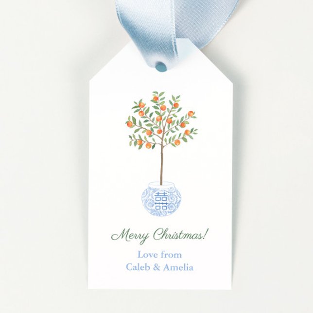 Preppy Orange Tree Chinoiserie Holidays Hostess Geschenkanhänger (Stylized chinoiserie citrus orange tree in ginger jar planter merry christmas gift tags)