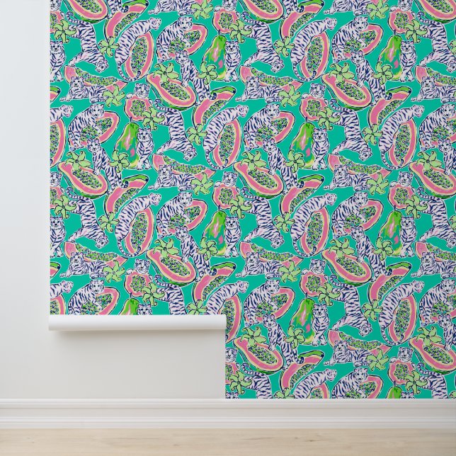 Preppy Palm Beach Aquamarin Tigers & Papayas Tapete (Anwendung)