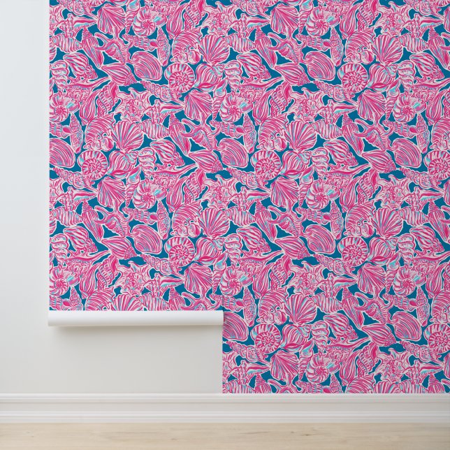 Preppy Palm Beach Blue & Pink Seashells Tapete (Anwendung)