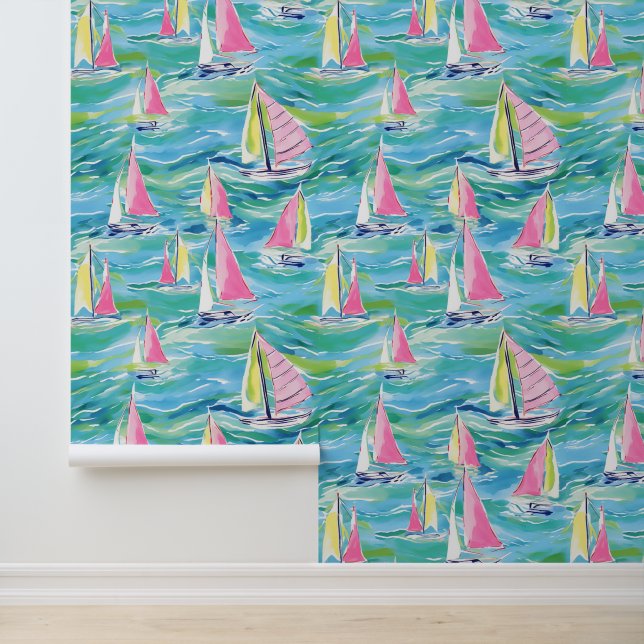 Preppy Palm Beach farbenfrohe Segelboote Tapete (Anwendung)