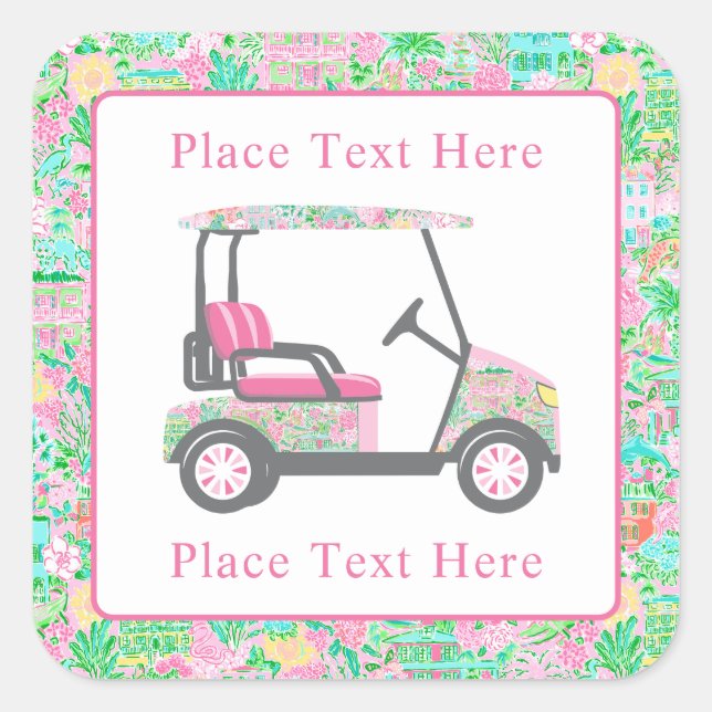 Preppy Palm Beach Golf Cart Quadratischer Aufkleber (Vorderseite)