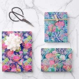 Preppy Palm Beach Ocean Muschel Crab Blume Muster Geschenkpapier Set