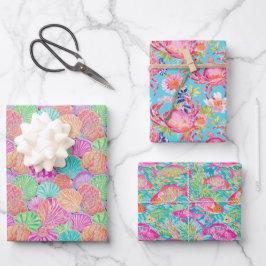 Preppy Palm Beach Ocean Muschel Crab Fish Muster Geschenkpapier Set