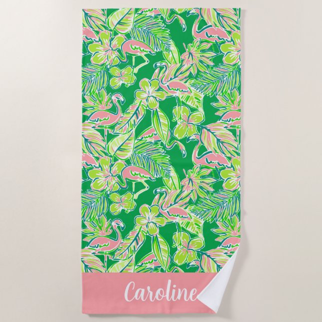 Preppy Palm Beach Pink Green Flamingo Personalisie Strandtuch (Vorderseite)