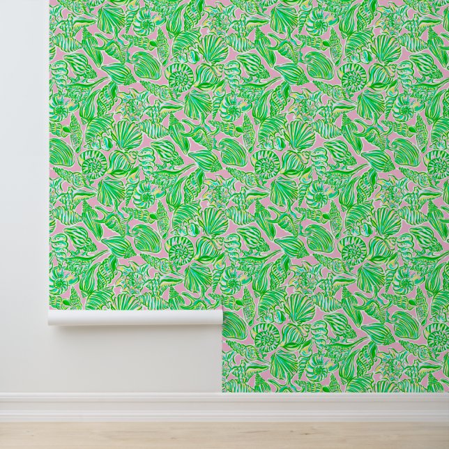 Preppy Palm Beach Pink & Green Seashells Tapete (Anwendung)
