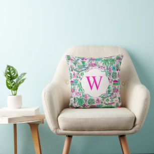 Preppy Palm Beach Pink Green Vacacation Monogram Kissen