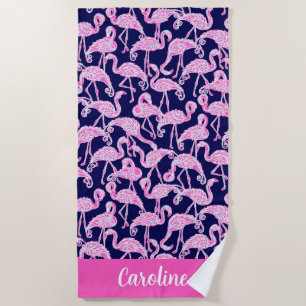Preppy Palm Beach Pink Navy Flamingo Personalisier Strandtuch