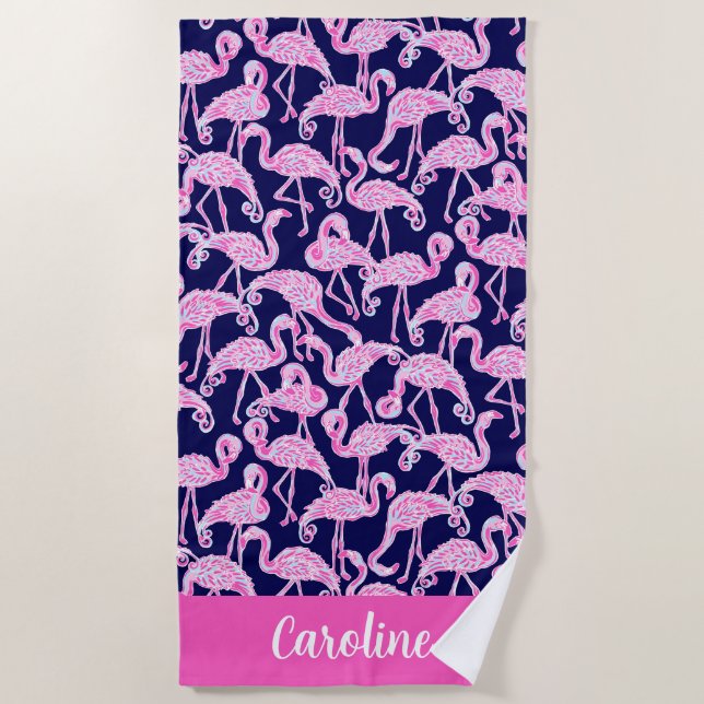 Preppy Palm Beach Pink Navy Flamingo Personalisier Strandtuch (Vorderseite)