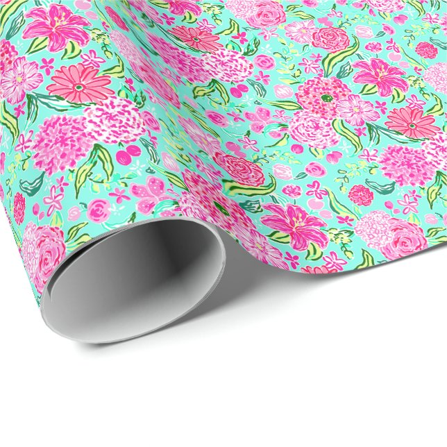Preppy Palm Beach Print Aquamarin mit rosa Blume Geschenkpapier (Rolleneckpunkt)