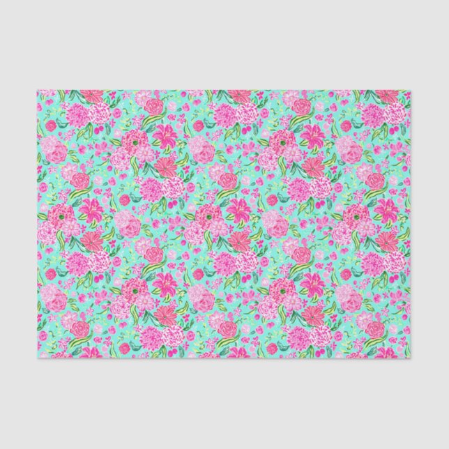 Preppy Palm Beach Print Aquamarin mit rosa Blume Seidenpapier (Vorderseite)