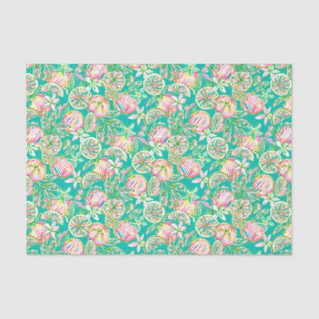 Preppy Palm Beach Print Aquamarin und rosa Orange Seidenpapier (Vorderseite)