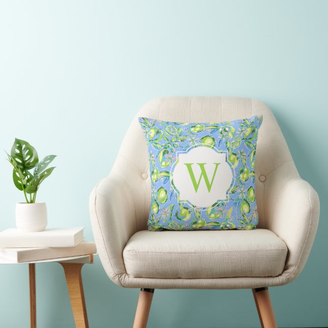 Preppy Palm Beach Print Blue Limes Monogram Kissen (Stuhl )