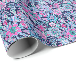 Preppy Palm Beach Print Blue und Pink Blume Geschenkpapier