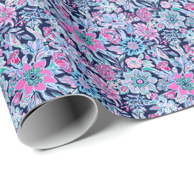 Preppy Palm Beach Print Blue und Pink Blume Geschenkpapier (Rolleneckpunkt)